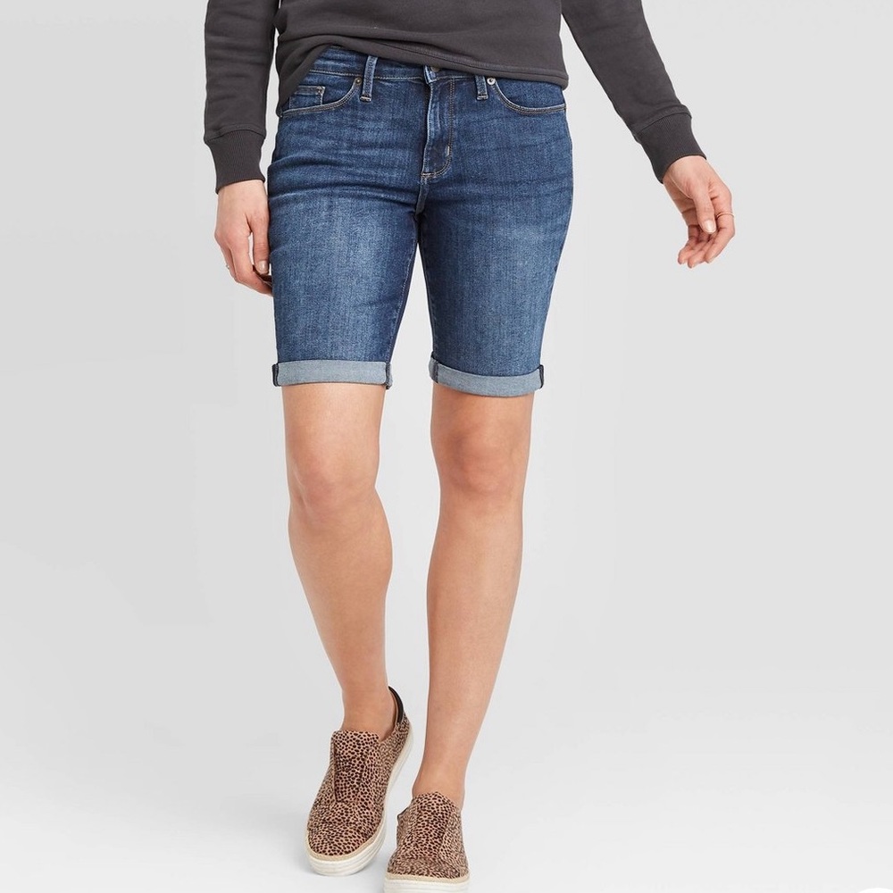 NWT! Womens Mid-Rise Jean Shorts Bermuda Dark Wash